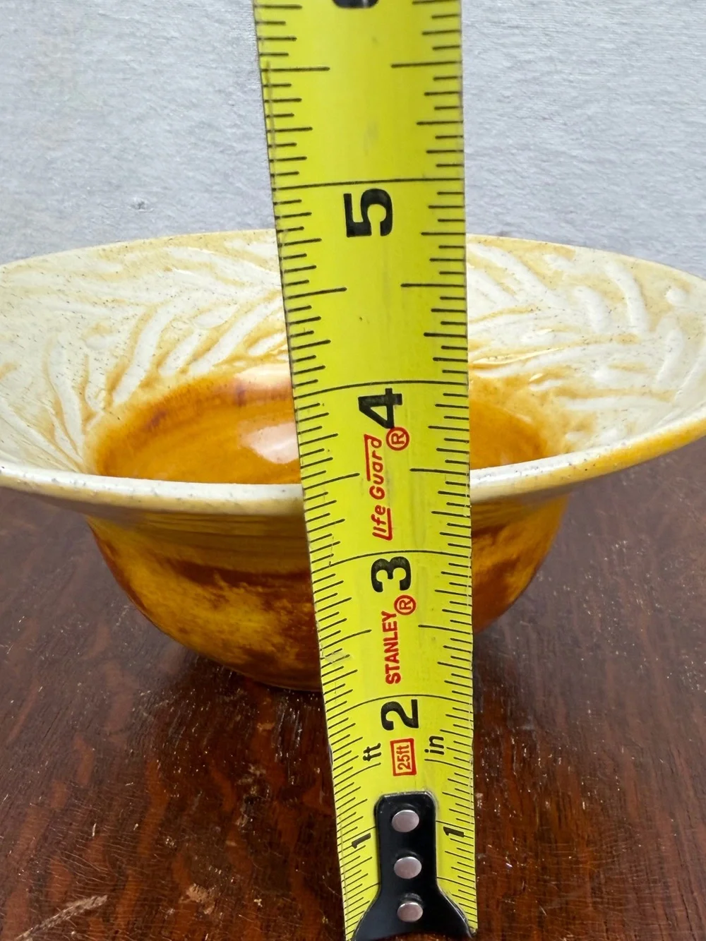 Signed Studio Pottery Bowl Honey Gold Amber Layered Glaze Carved Leaf Design